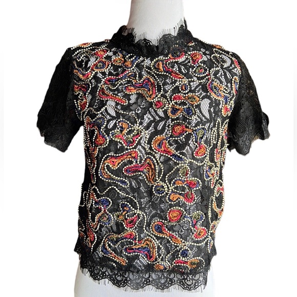 ‼️ ZARA Short Sleeve Sheer Lace Embroidered Bead Top‼️ - Picture 2 of 10